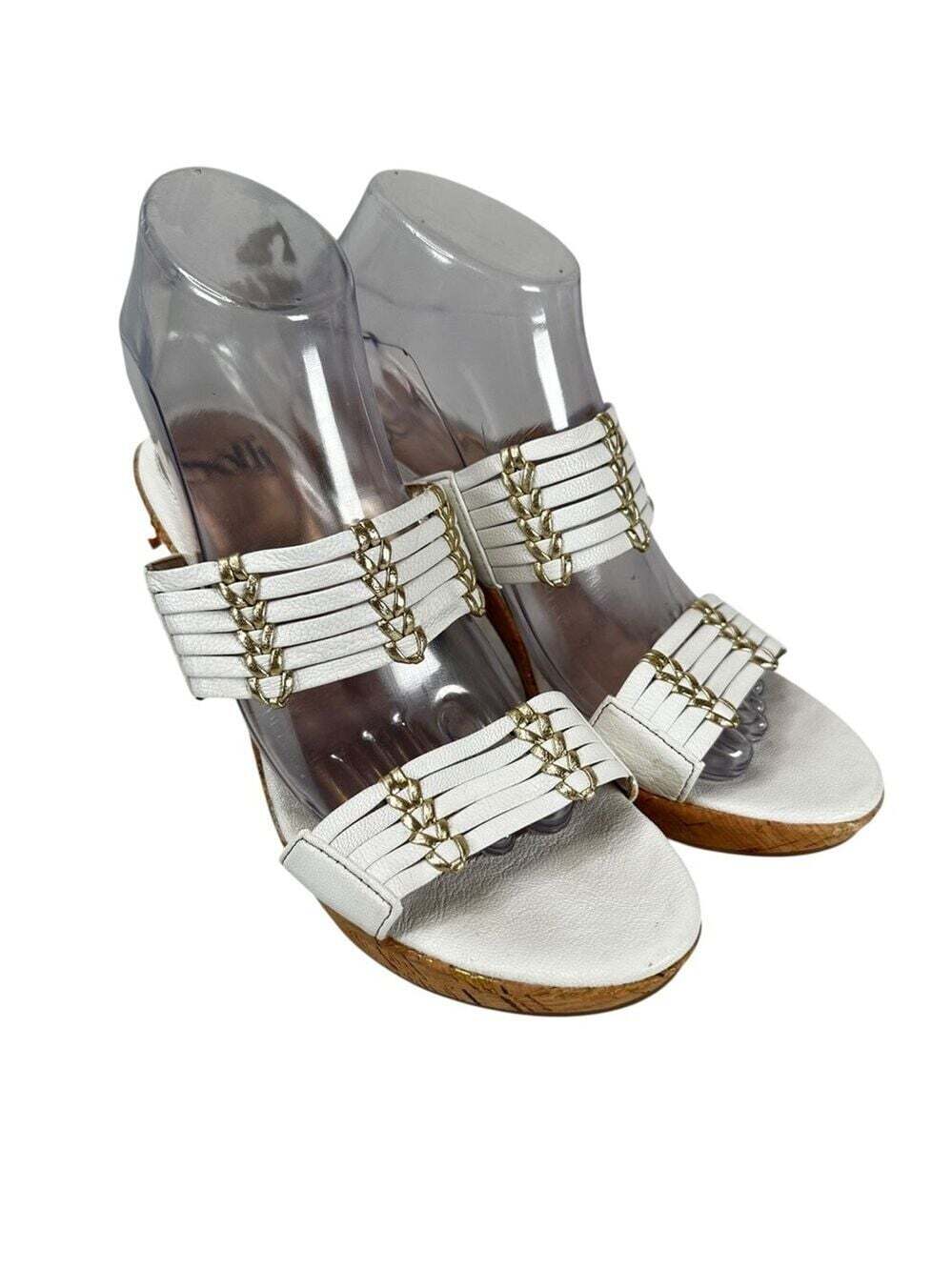 Sofft White Leather Cork Heels Womens 8M Strappy Sandals Gold Comfort